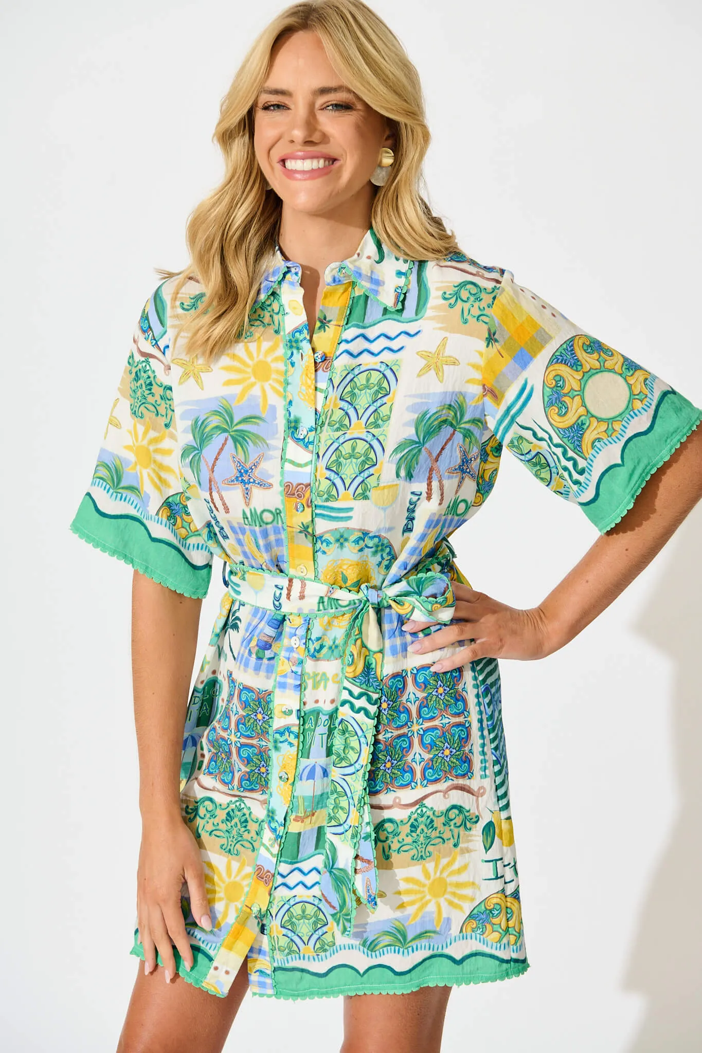 Miela Shirt Dress In Green Multi Border Print sold by St Frock product image thumbnail 2