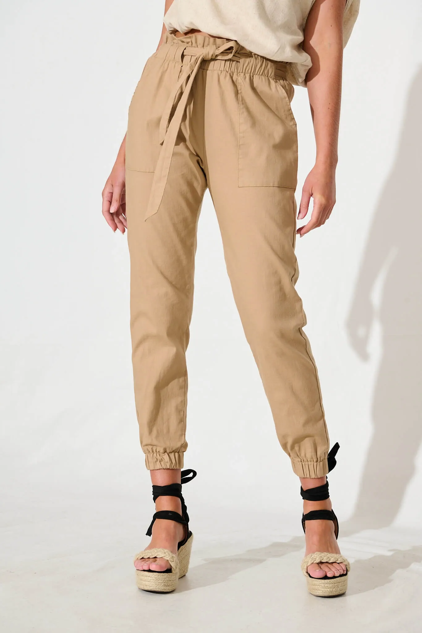 Tenley Stretch Pant in Beige Cotton Blend sold by St Frock