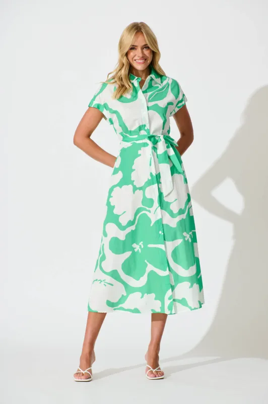 Vino Midi Shirt Dress in Green Print Cotton sold by St Frock