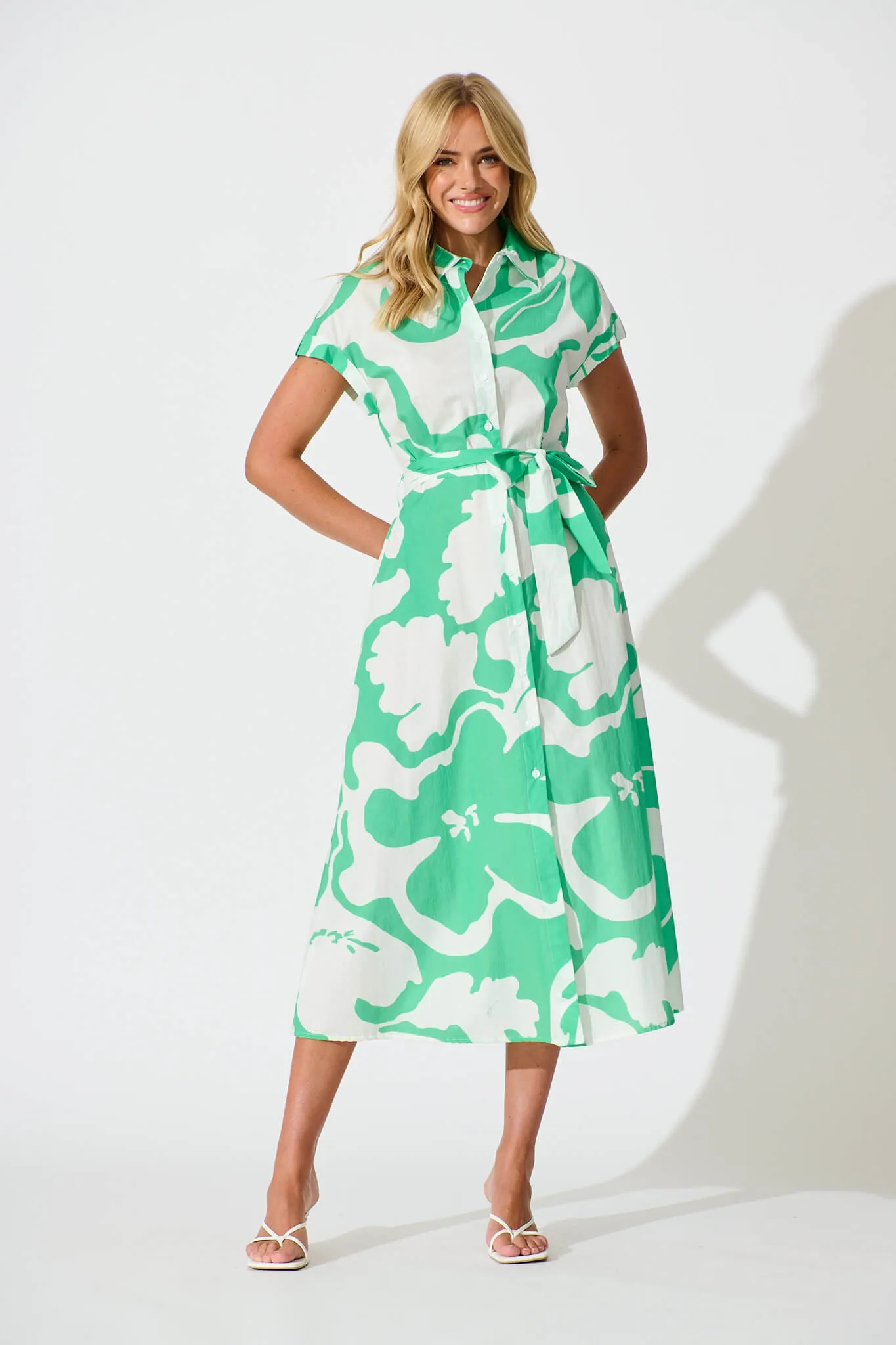 Vino Midi Shirt Dress in Green Print Cotton sold by St Frock