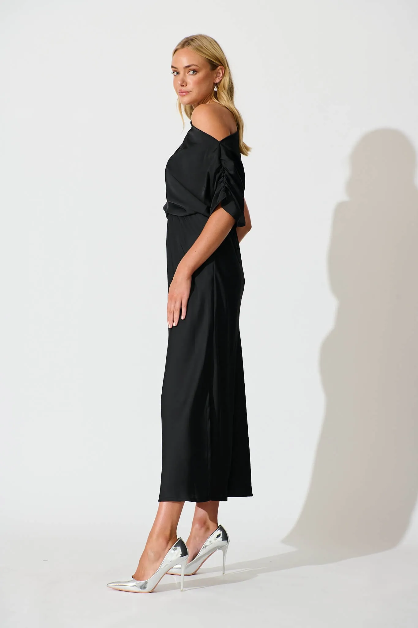 Sarita Maxi Off Shoulder Dress in Black Satin sold by St Frock product image thumbnail 3