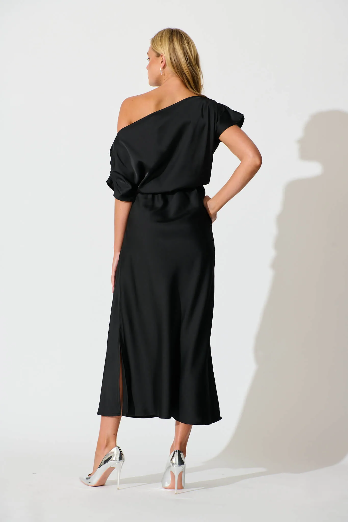 Sarita Maxi Off Shoulder Dress in Black Satin sold by St Frock product image thumbnail 4