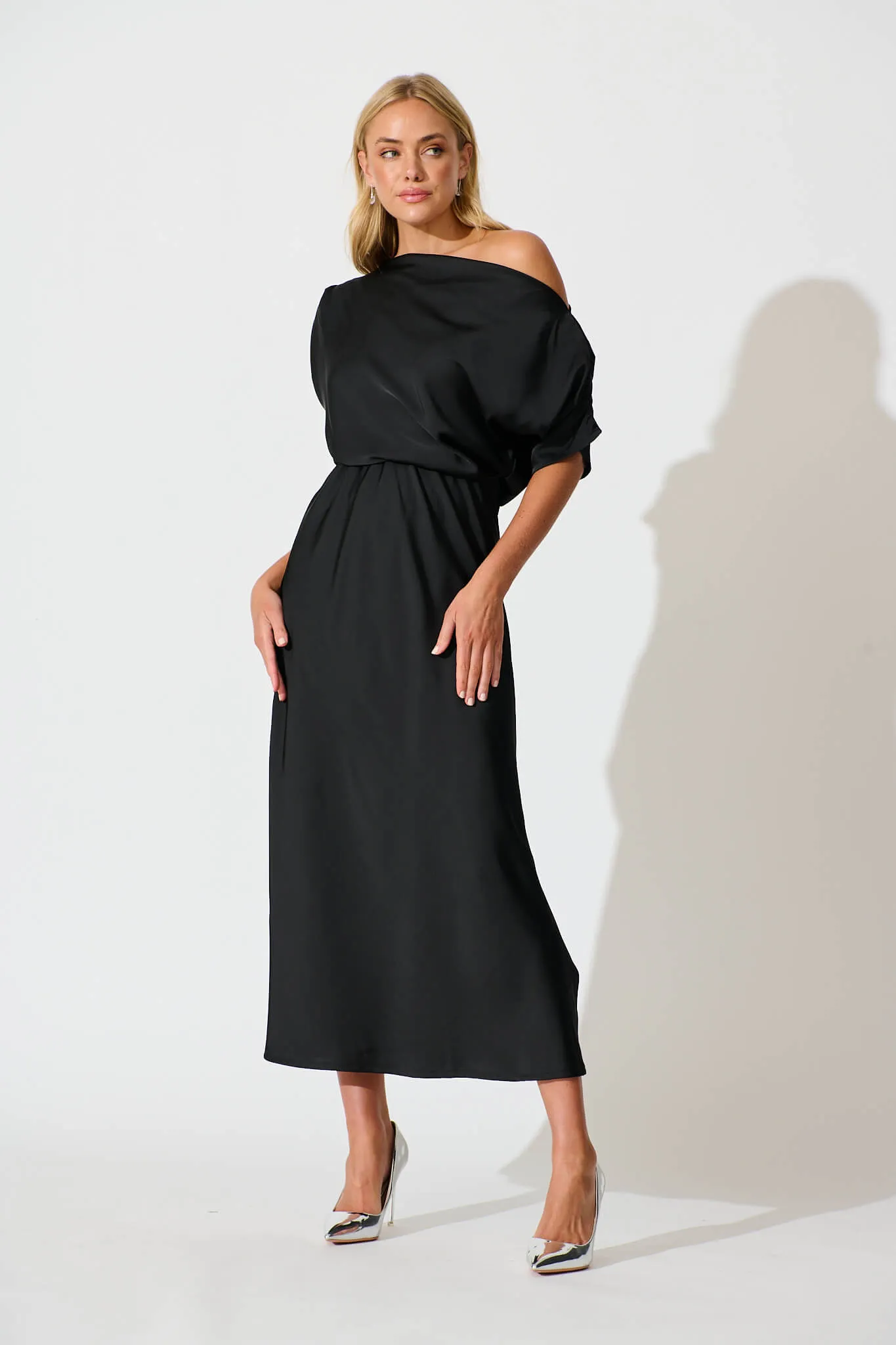 Sarita Maxi Off Shoulder Dress in Black Satin sold by St Frock