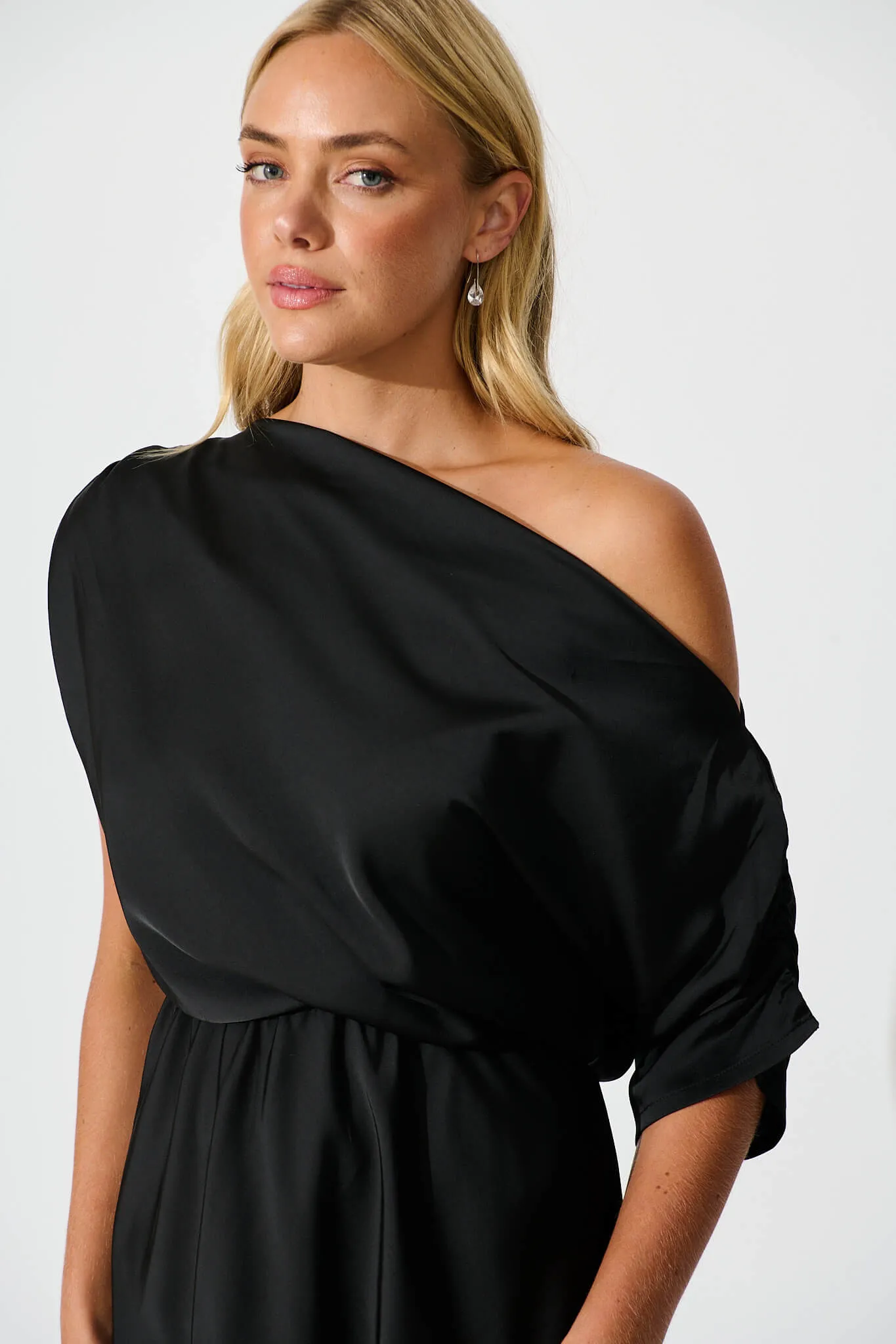 Sarita Maxi Off Shoulder Dress in Black Satin sold by St Frock product image thumbnail 5
