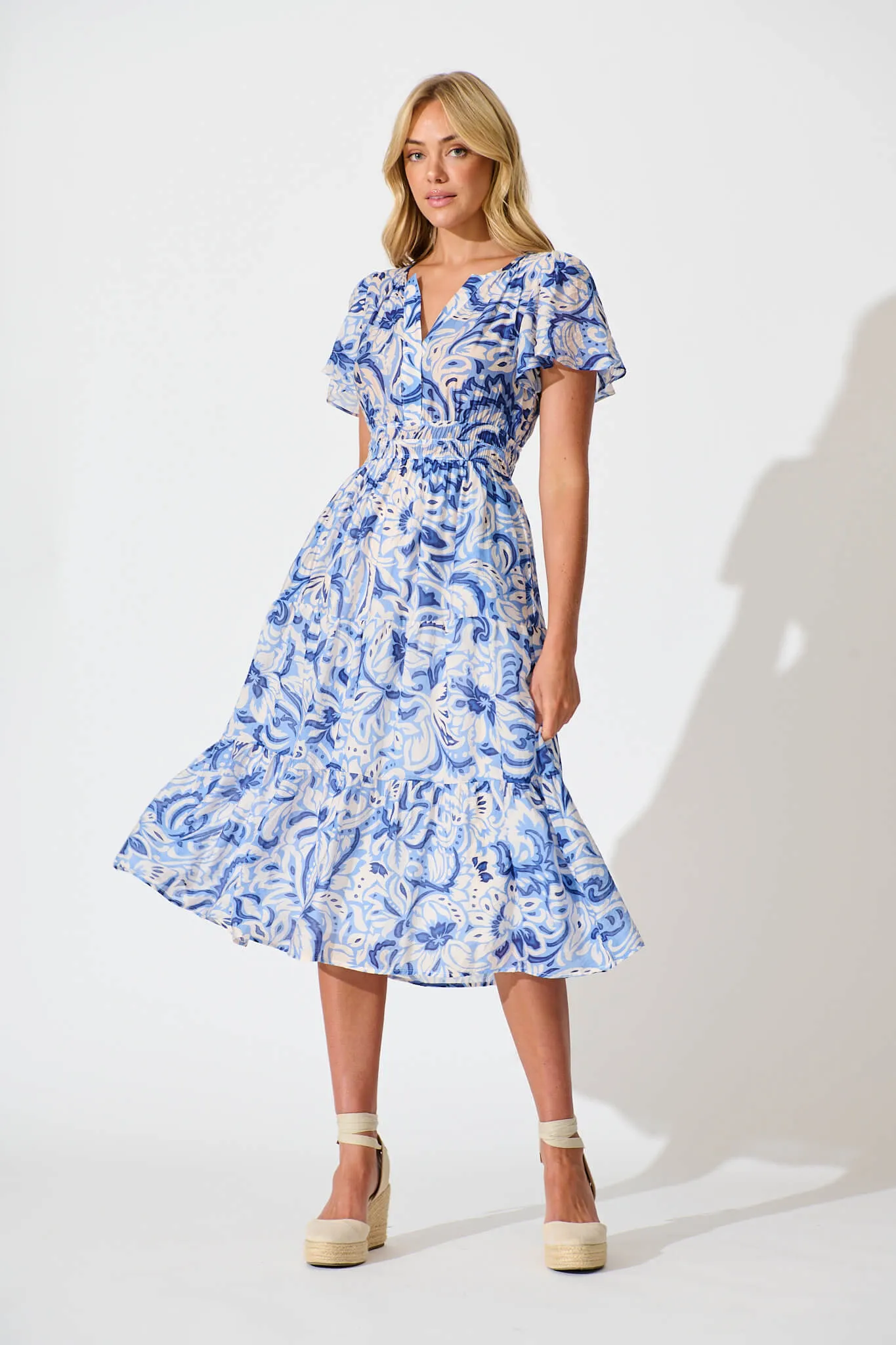 Palm Springs Midi Dress in Blue and White Print sold by St Frock