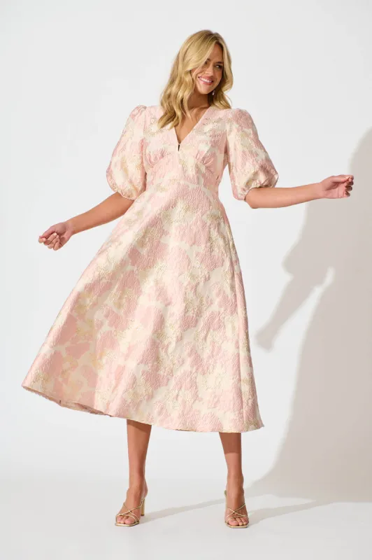 Opulence Midi Dress in Blush with Gold Jacquard sold by St Frock