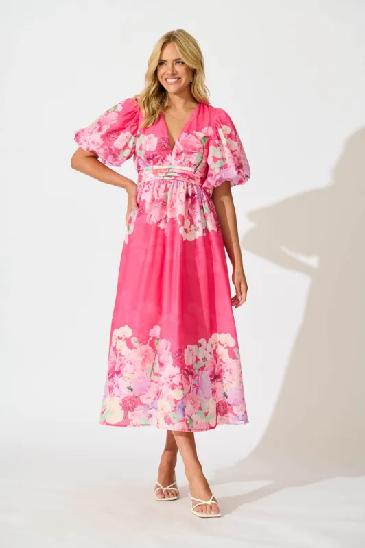 Divine Maxi Dress In Pink With Lilac Multi Floral Print sold by St Frock