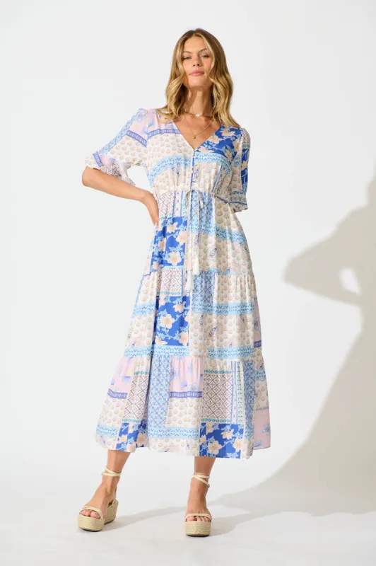 Endless Summer Maxi Dress in Blue Multi Patchwork sold by St Frock