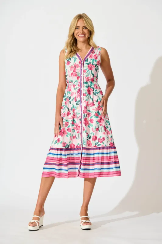 Kimmy Midi Dress in White with Pink Multi Floral sold by St Frock