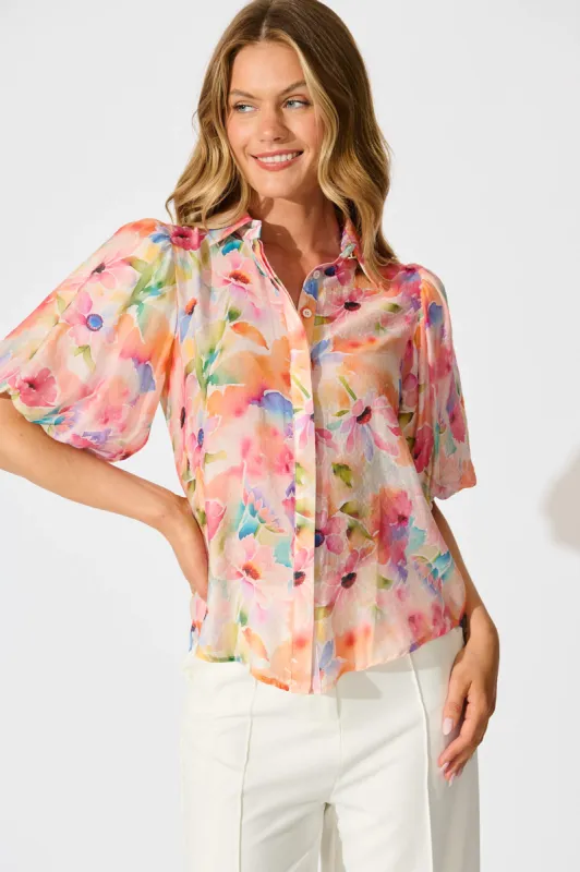 Aeryn Shirt In Orange Watercolour Floral sold by St Frock
