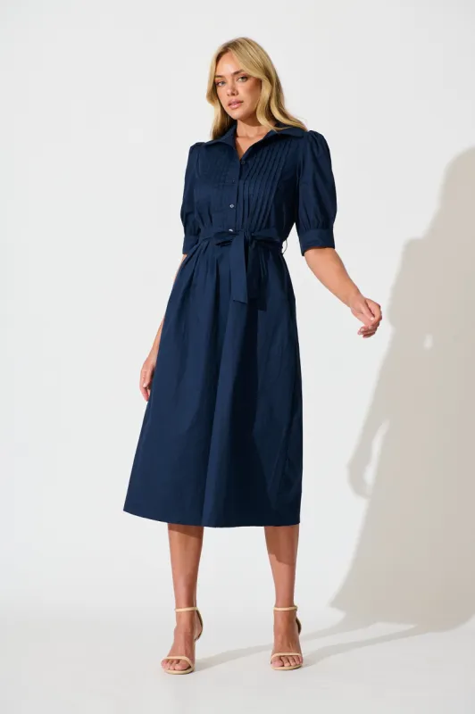 Mila Midi Dress in Navy Cotton sold by St Frock