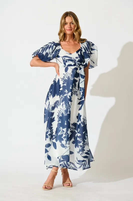 Tuscany Maxi Dress in Navy with White Print sold by St Frock