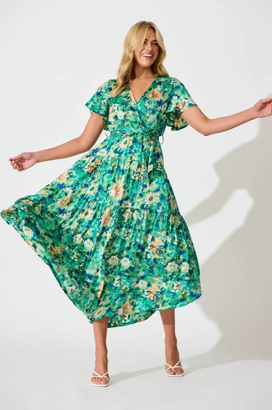 Heidi Maxi Dress In Green Watercolour Floral Satin sold by St Frock