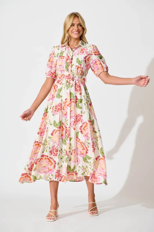 Adore Maxi Shirt Dress in Cream with Multi Floral sold by St Frock