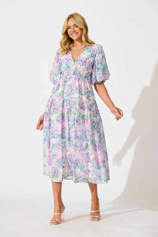 Amalie Midi Dress In Purple Floral Print sold by St Frock