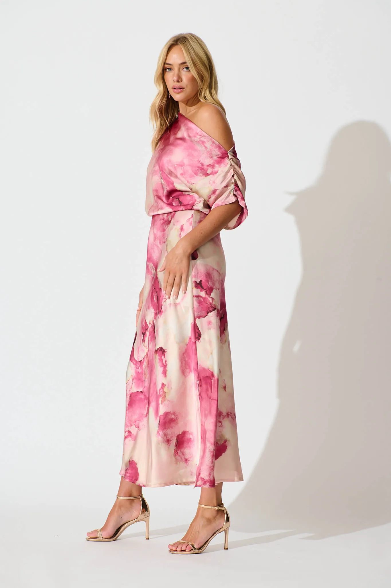 Sarita Maxi Off Shoulder Dress in Magenta Watercolour Satin sold by St Frock product image thumbnail 3