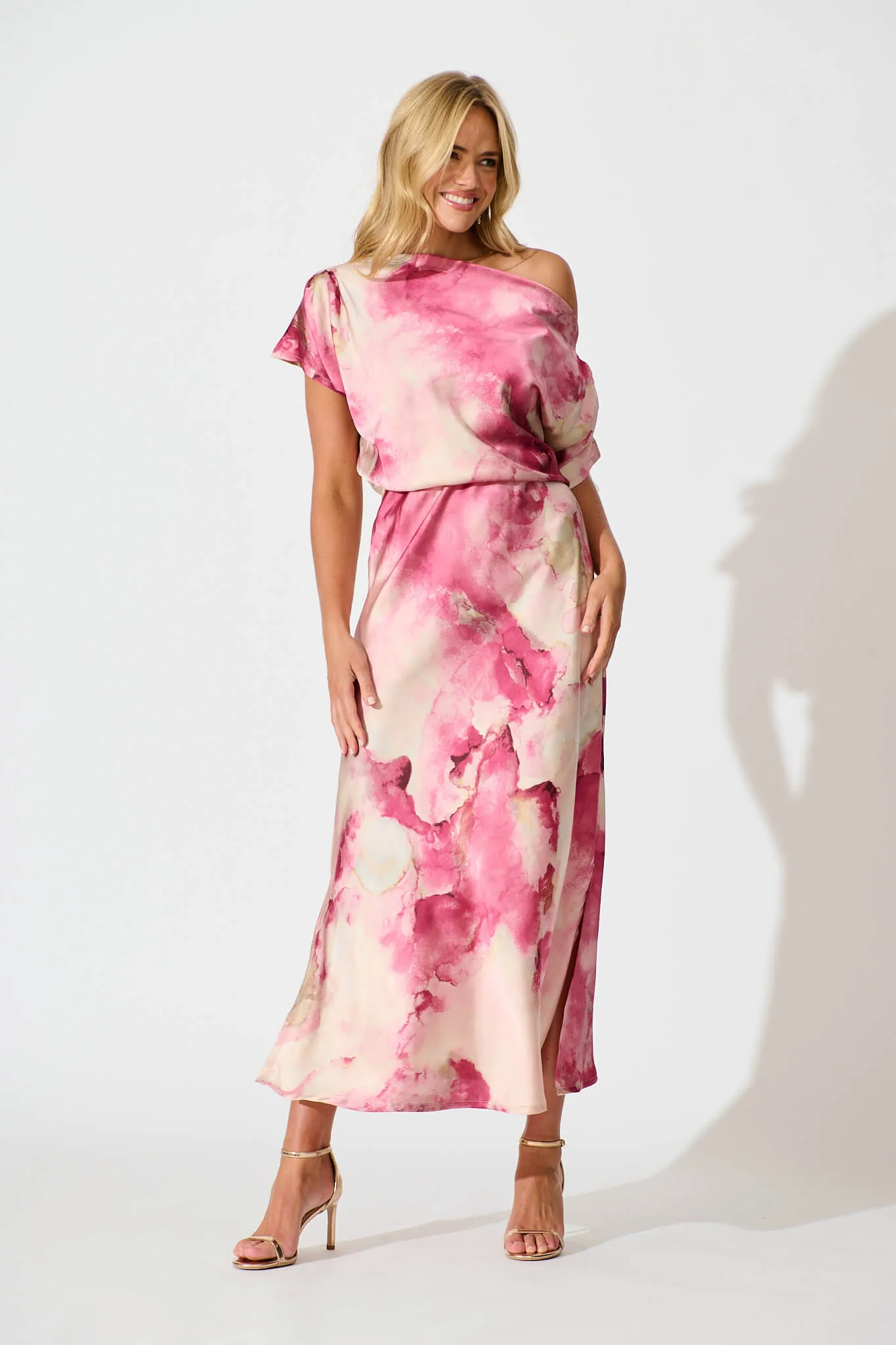 Sarita Maxi Off Shoulder Dress in Magenta Watercolour Satin sold by St Frock