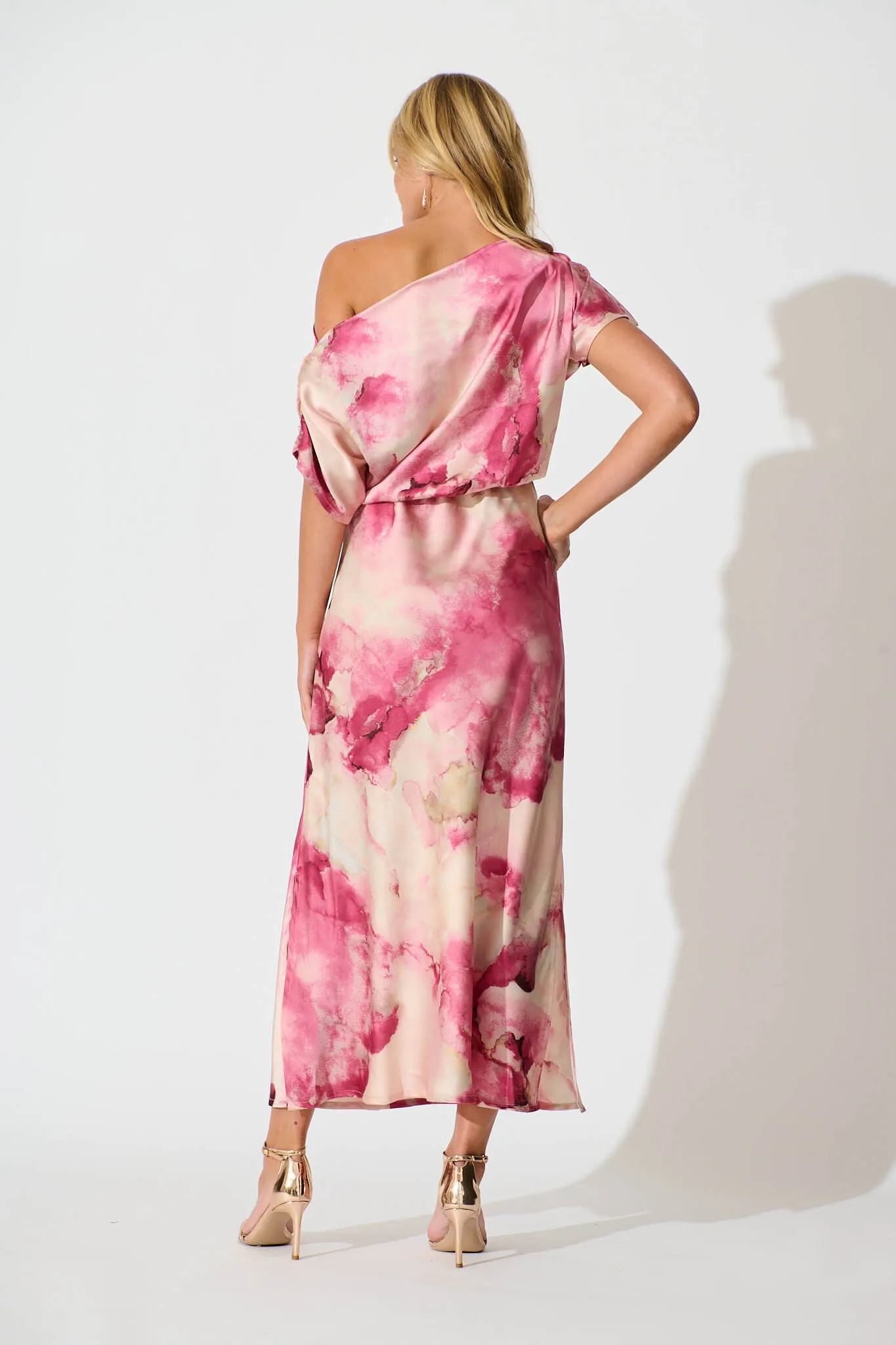 Sarita Maxi Off Shoulder Dress in Magenta Watercolour Satin sold by St Frock product image thumbnail 4