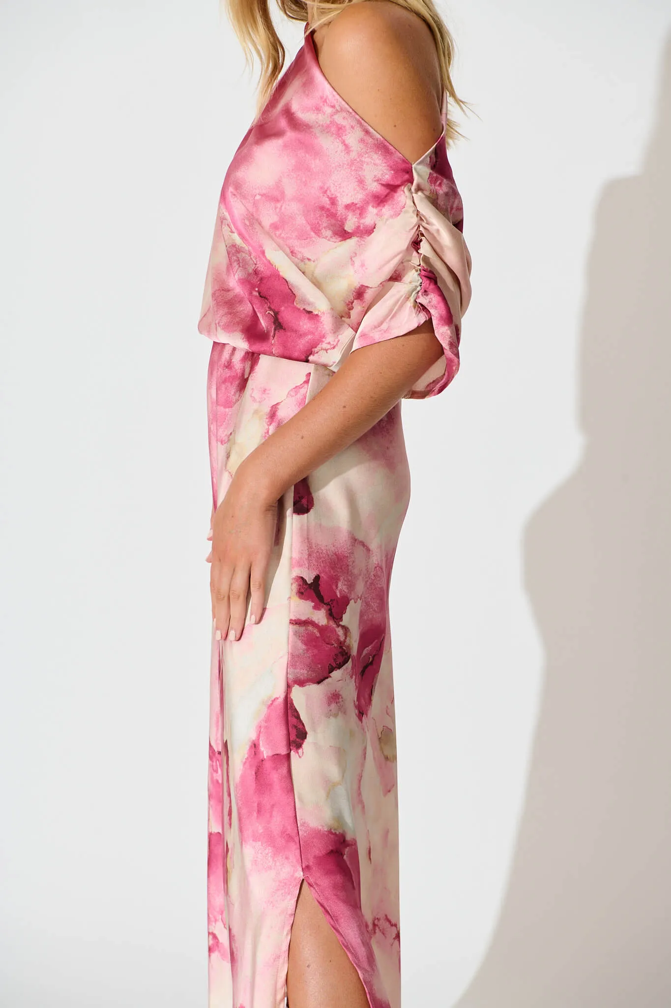 Sarita Maxi Off Shoulder Dress in Magenta Watercolour Satin sold by St Frock product image thumbnail 5