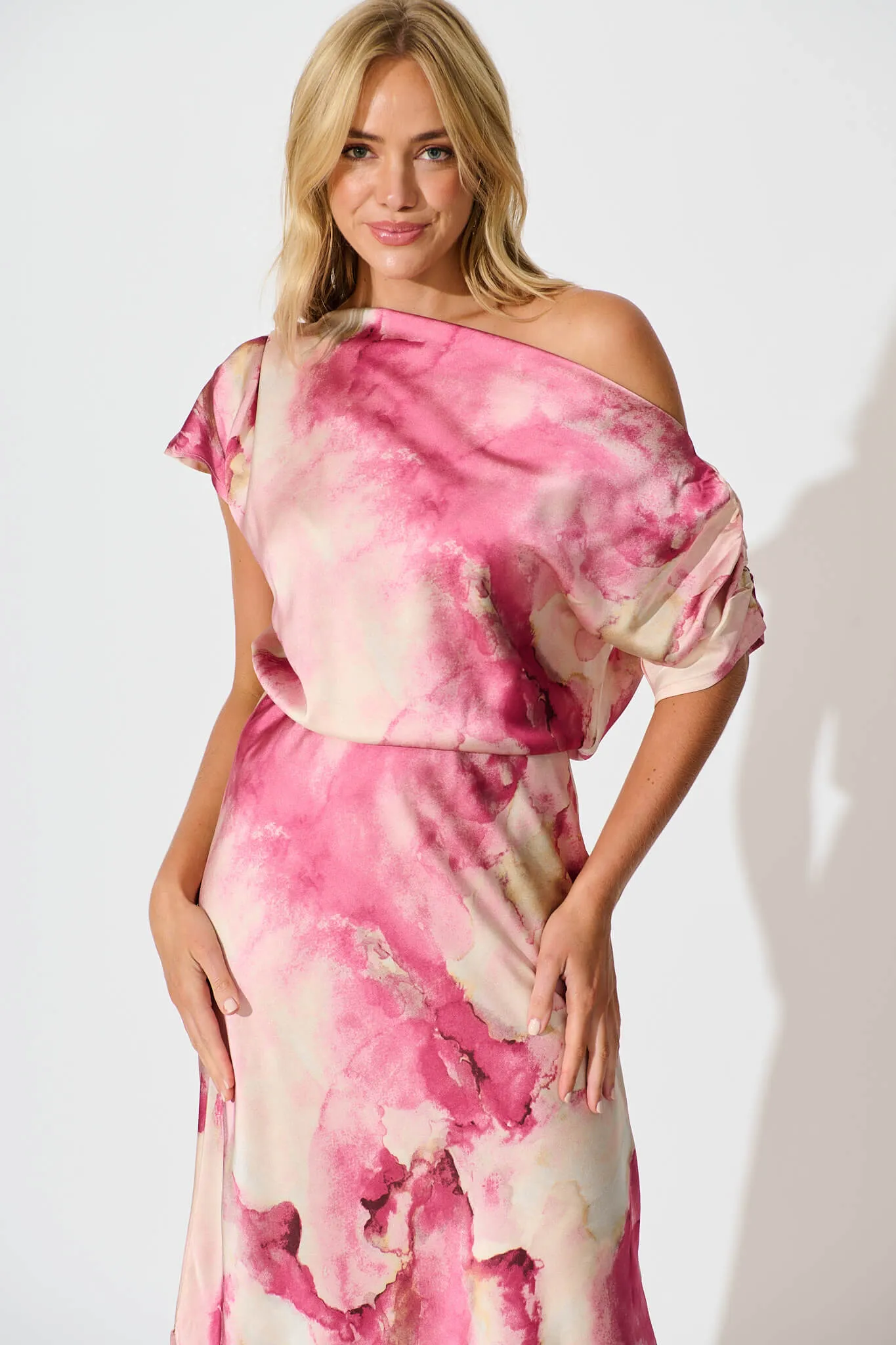 Sarita Maxi Off Shoulder Dress in Magenta Watercolour Satin sold by St Frock product image thumbnail 2