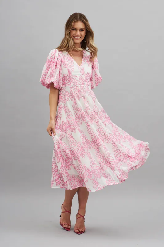 Tiffany Maxi Dress In White With Raspberry Embroidery sold by St Frock