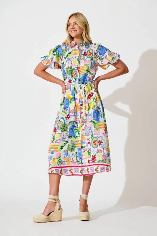 Dearest Midi Shirt Dress In White With Multi Print sold by St Frock