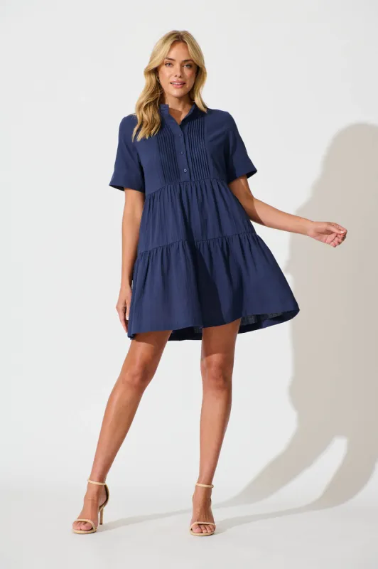 Vienna Smock Dress in Navy Cotton sold by St Frock