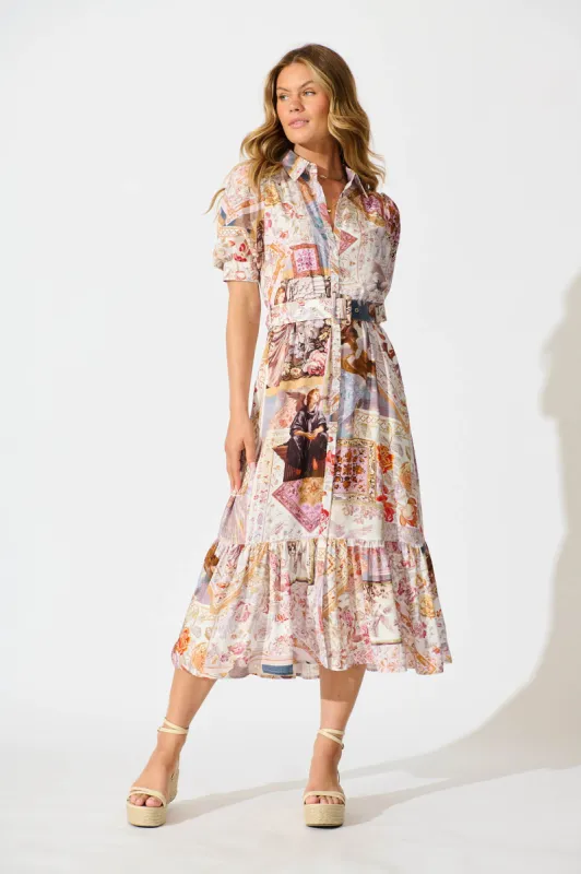 Allyna Midi Shirt Dress in White Multi Patchwork sold by St Frock