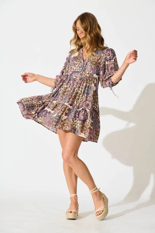 Emelyn Smock Dress In Cream With Purple Paisley sold by St Frock