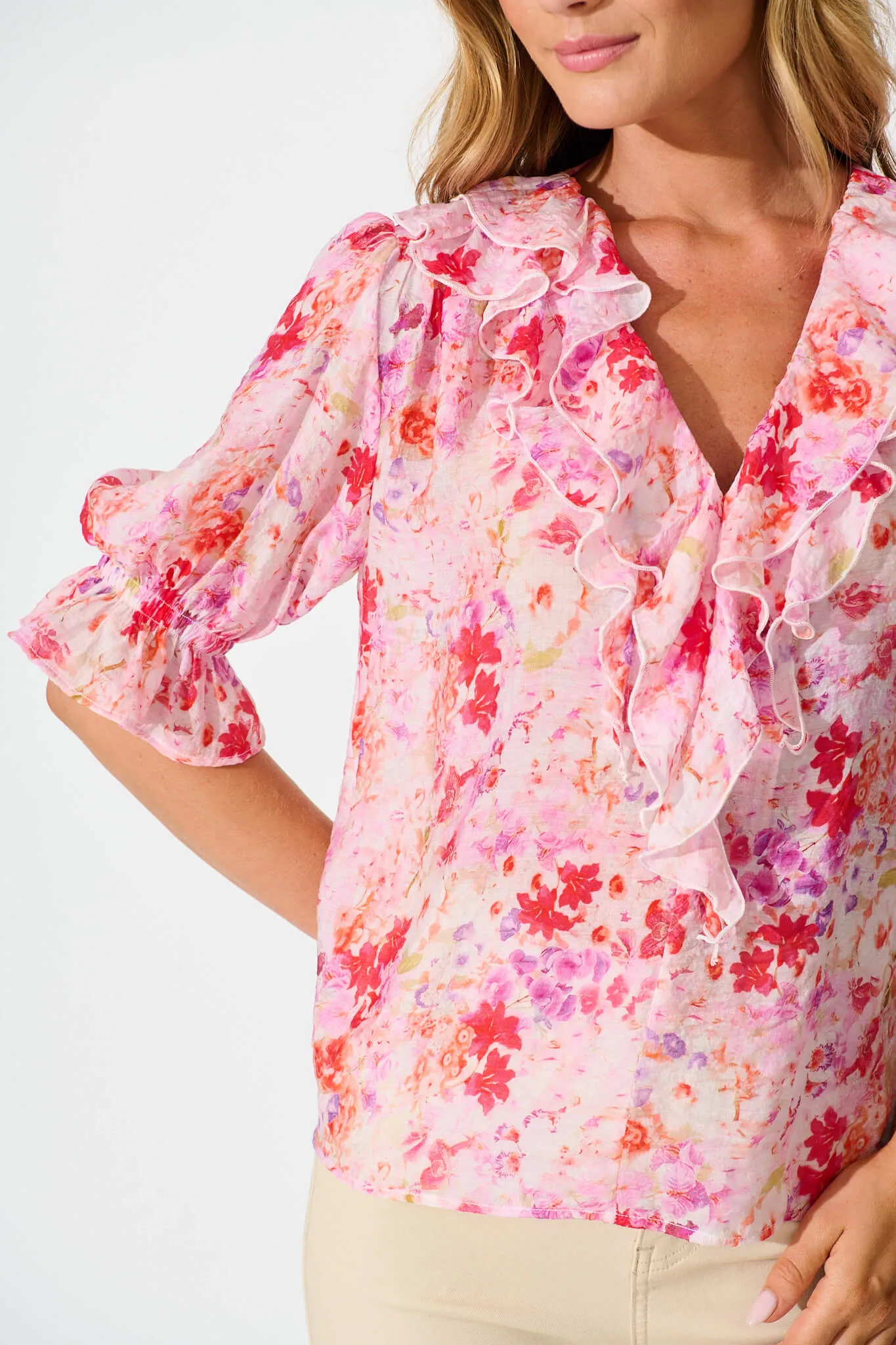 Vivica Top in Pink and Purple Watercolour Floral sold by St Frock product image thumbnail 5