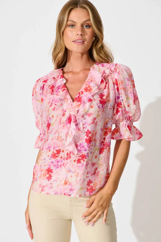 Vivica Top in Pink and Purple Watercolour Floral sold by St Frock