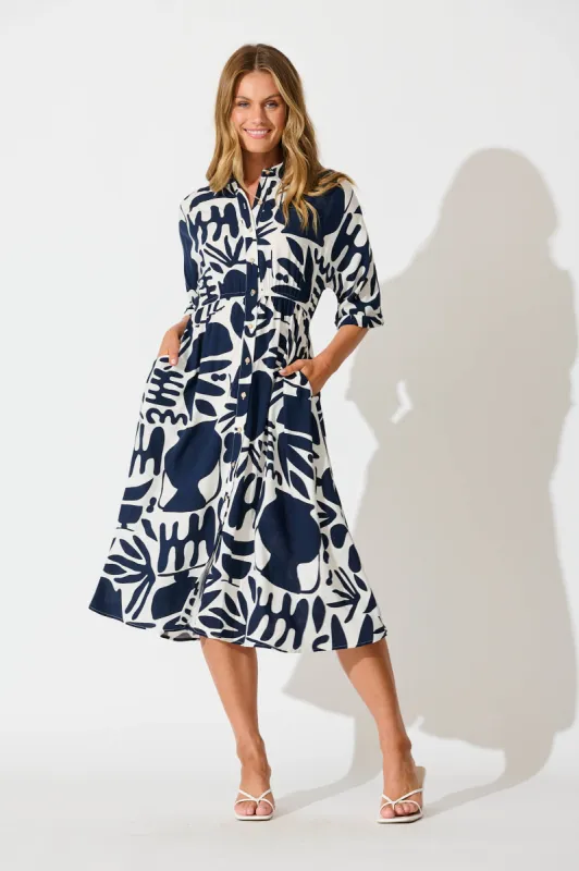 Charlotte Midi Shirt Dress In Navy and White Print sold by St Frock