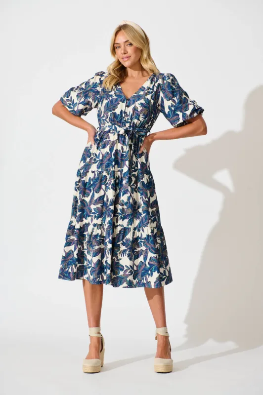 Tris Midi Dress in White with Blue Multi Leaf sold by St Frock