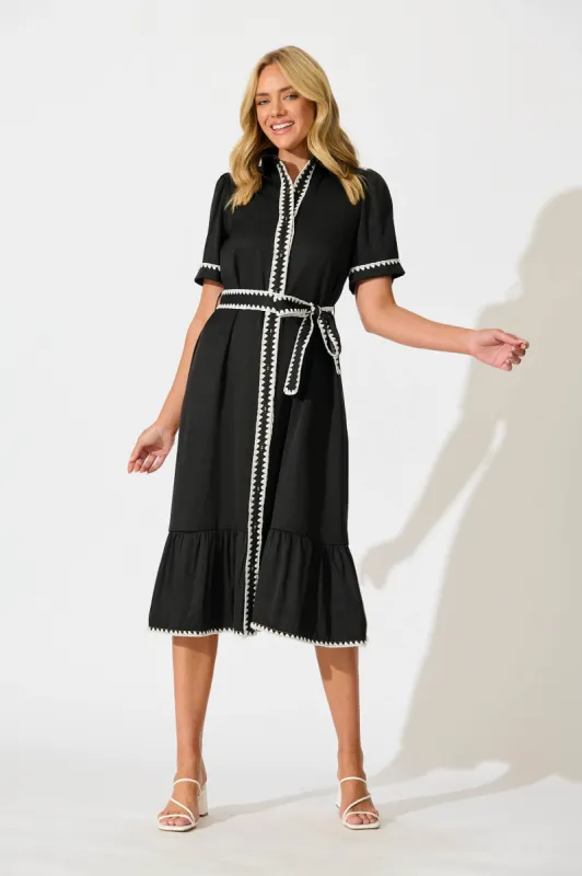 Aurora Midi Shirt Dress In Black With White Contrast Stitch sold by St Frock