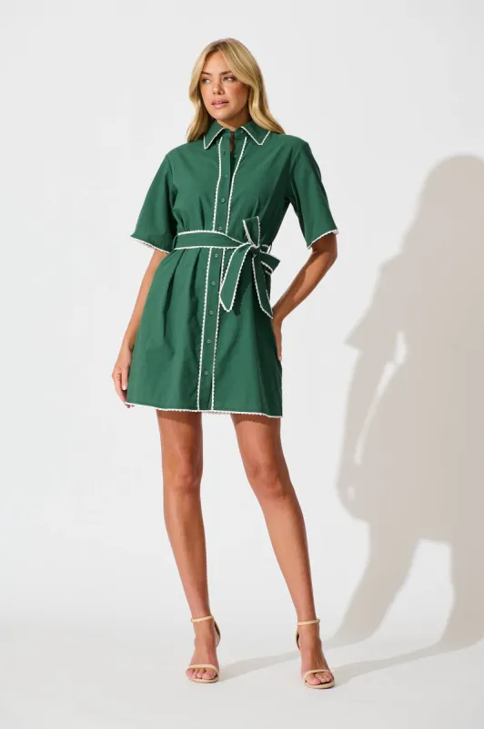 Miela Shirt Dress in Emerald with White Contrast Trim Cotton sold by St Frock