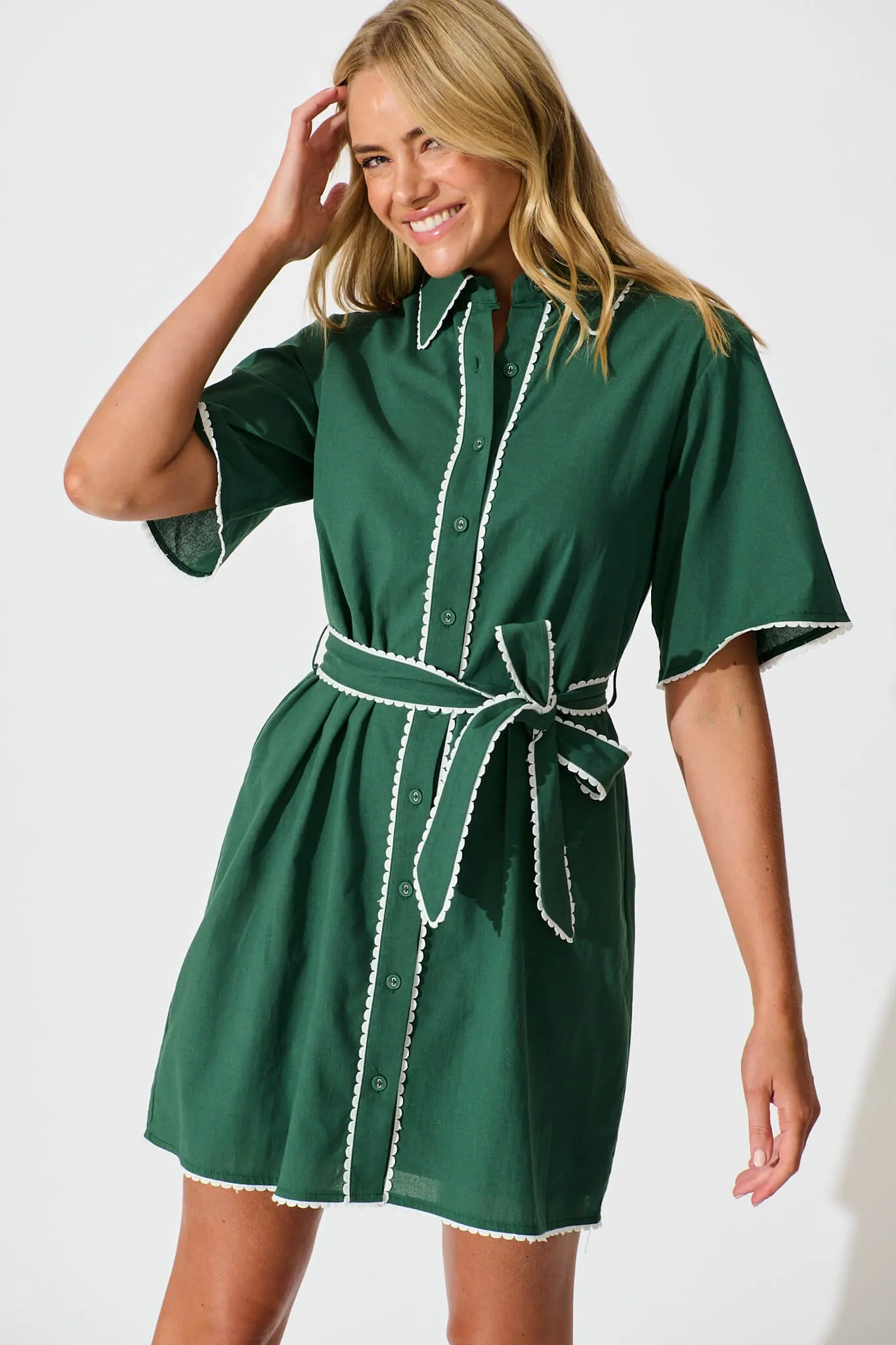 Miela Shirt Dress in Emerald with White Contrast Trim Cotton sold by St Frock product image thumbnail 2