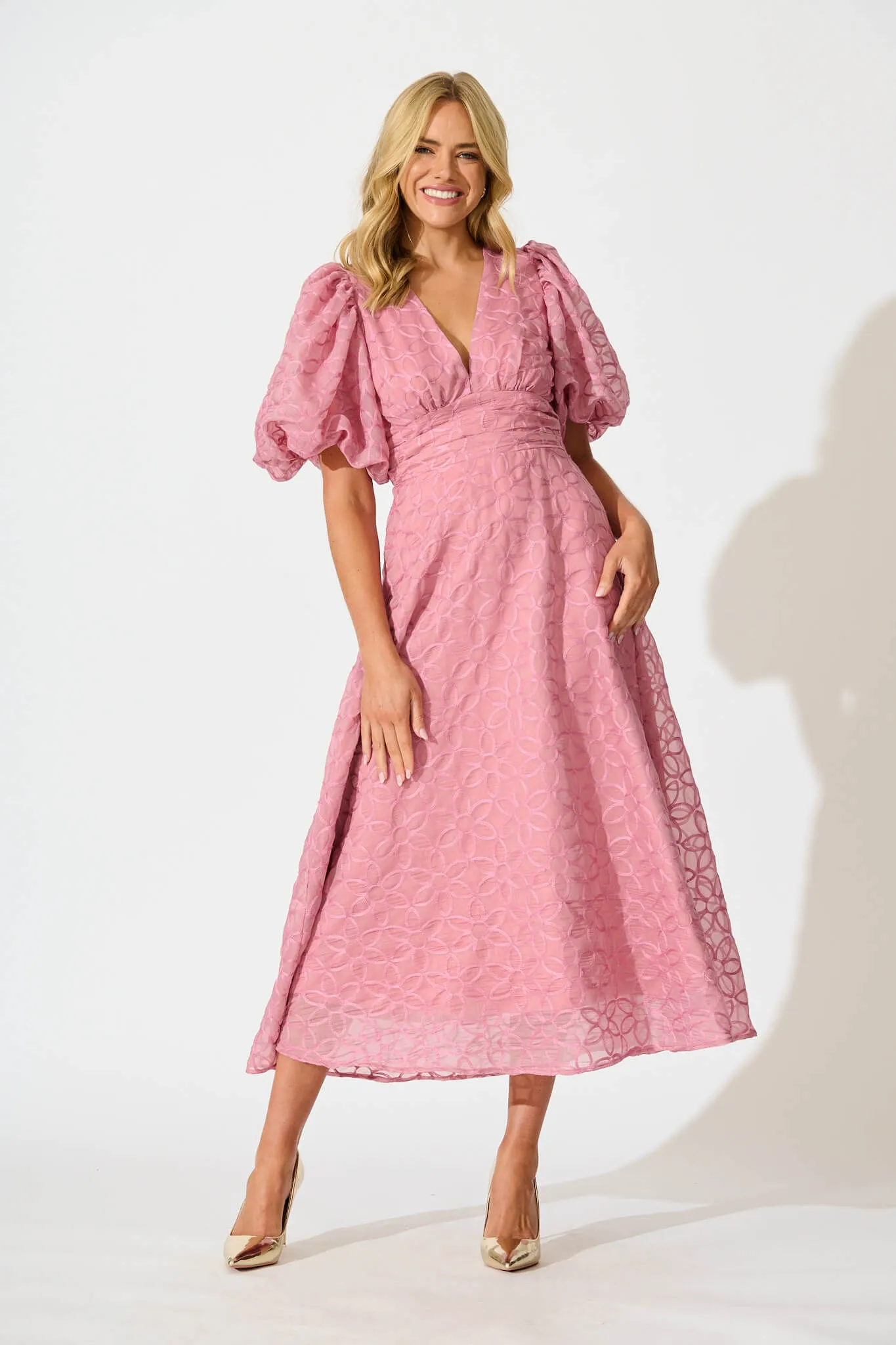 Countess Maxi Dress in Pink Embroidered Organza sold by St Frock