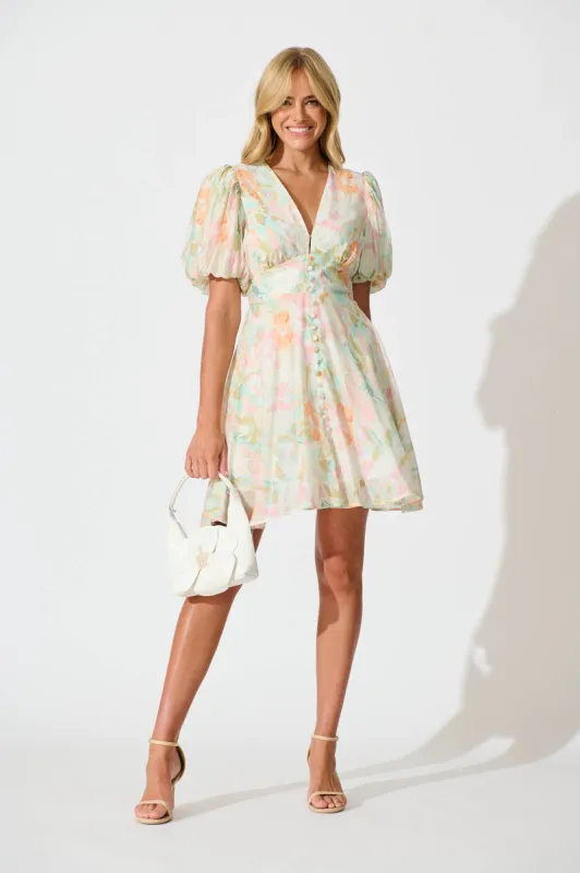Clarissa Dress In White with Pastel Multi Floral sold by St Frock
