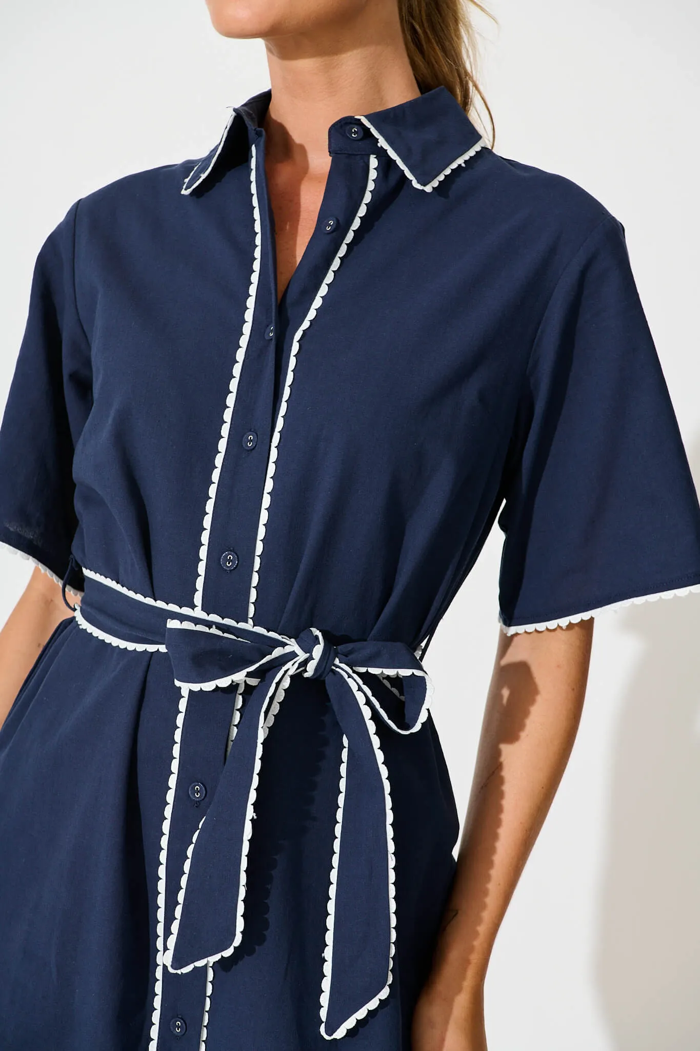 Miela Shirt Dress in Navy with White Contrast Trim Cotton sold by St Frock product image thumbnail 5
