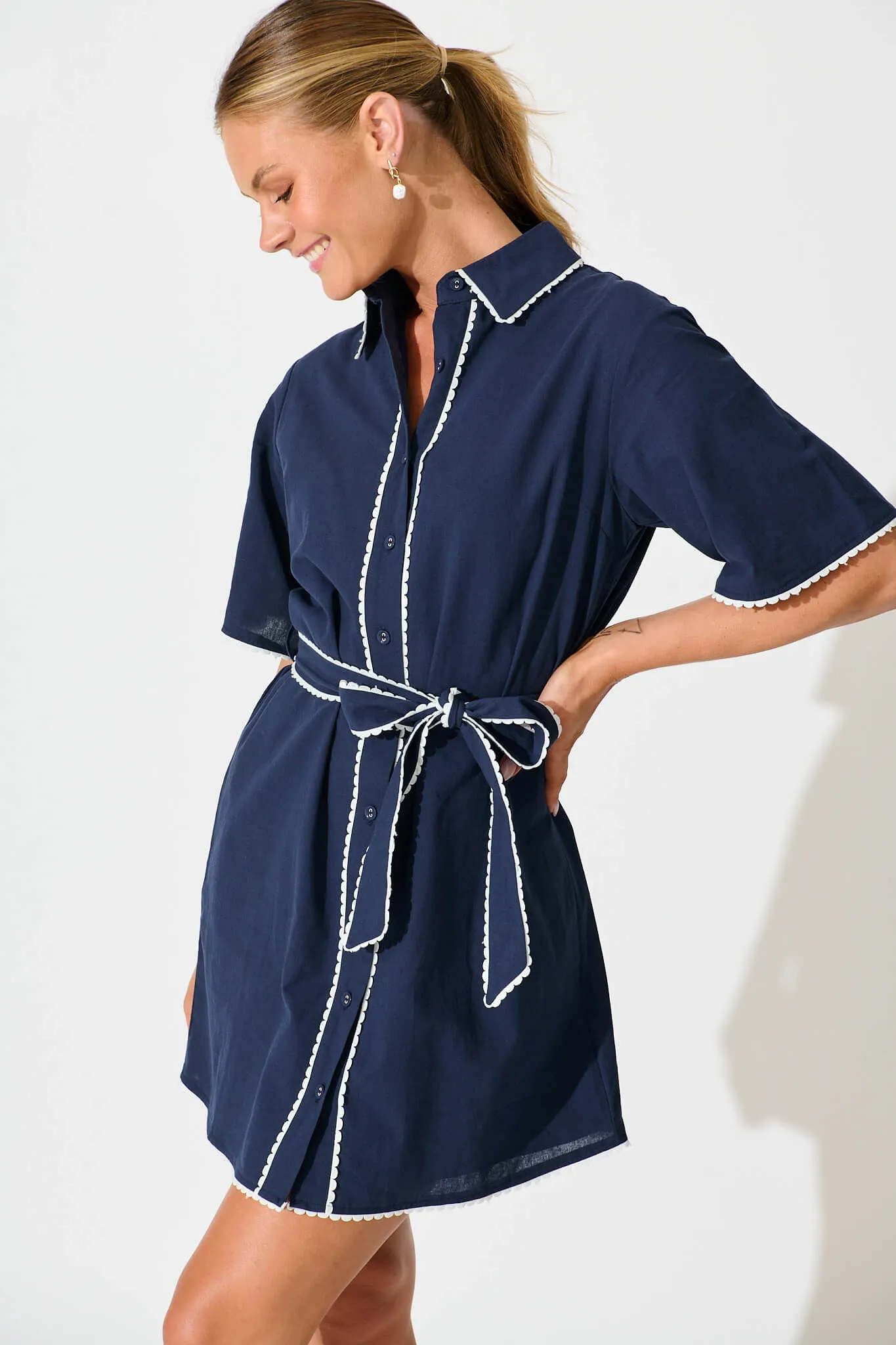 Miela Shirt Dress in Navy with White Contrast Trim Cotton sold by St Frock product image thumbnail 2
