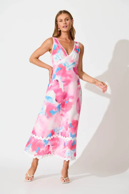 Franca Maxi Dress in Pink Watercolour with Ric Rac Trim sold by St Frock