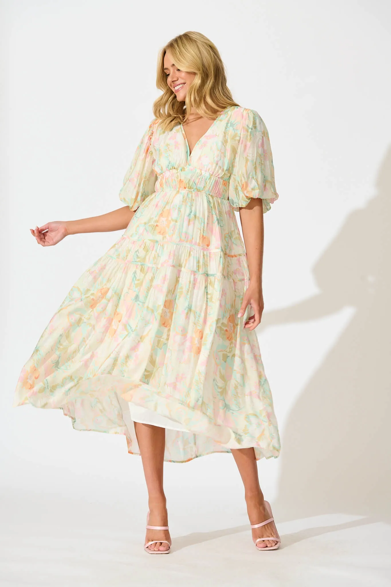 Amalie Midi Dress In White with Pastel Multi Floral sold by St Frock product image thumbnail 5