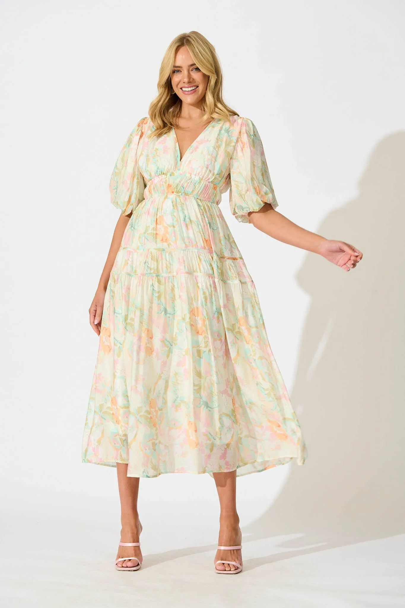 Amalie Midi Dress In White with Pastel Multi Floral sold by St Frock