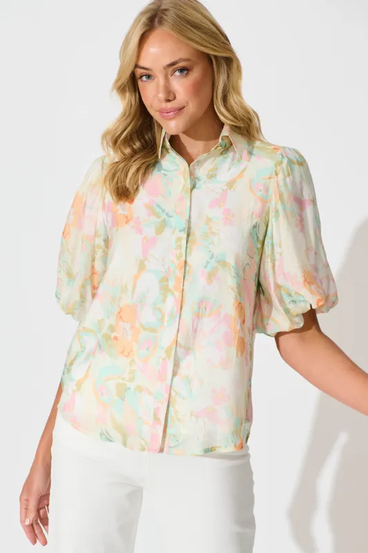 Aeryn Shirt In White with Pastel Multi Floral sold by St Frock
