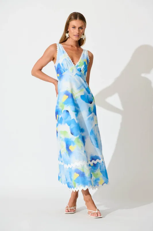 Franca Maxi Dress In Blue Watercolour with Ric Rac Trim sold by St Frock
