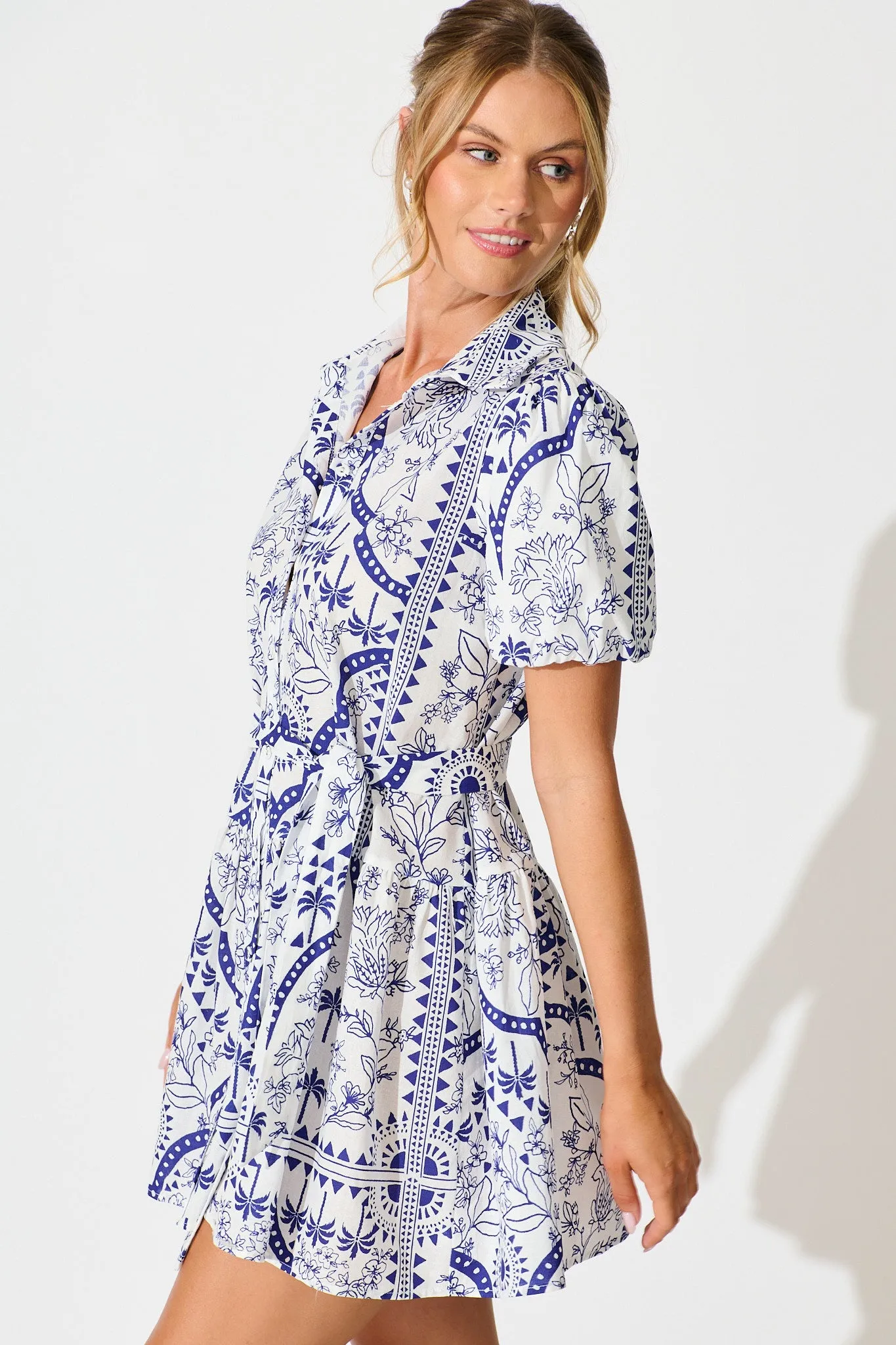 Eloise Shirt Dress in White and Blue Cotton Linen sold by St Frock product image thumbnail 3