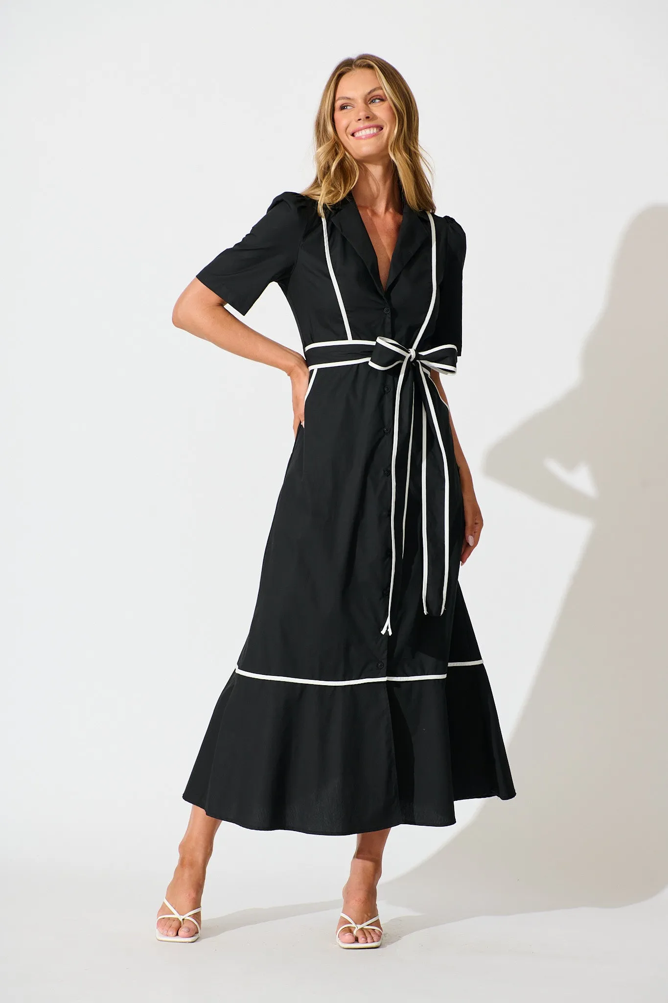 Rhea Maxi Shirt Dress in Black with Contrast Piping Cotton sold by St Frock