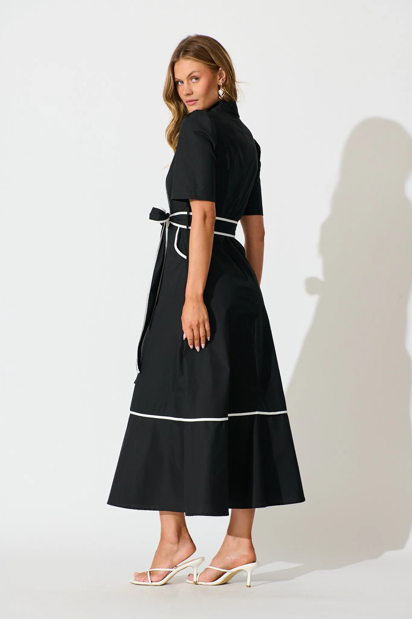 Rhea Maxi Shirt Dress in Black with Contrast Piping Cotton sold by St Frock product image thumbnail 4
