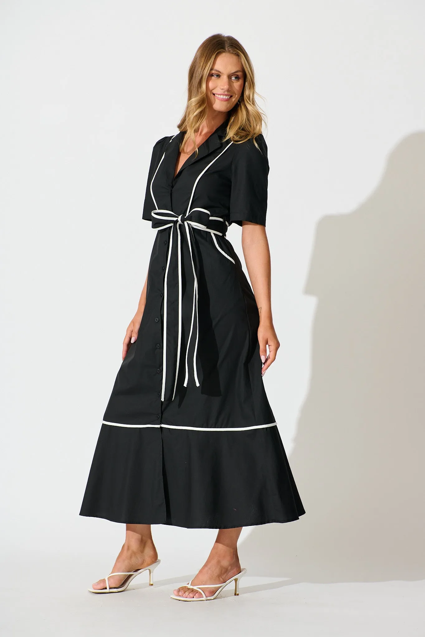 Rhea Maxi Shirt Dress in Black with Contrast Piping Cotton sold by St Frock product image thumbnail 3