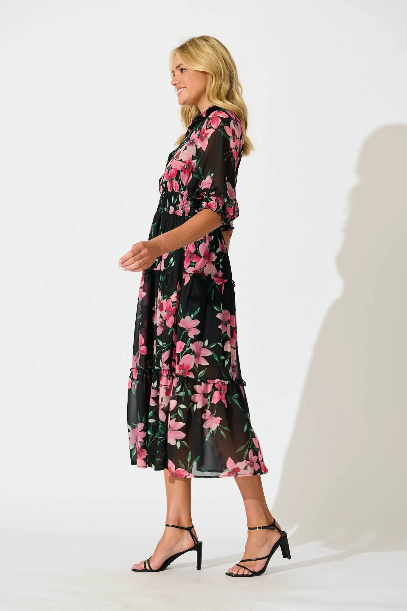 Brittney Midi Dress In Black And Pink Floral Chiffon sold by St Frock product image thumbnail 3